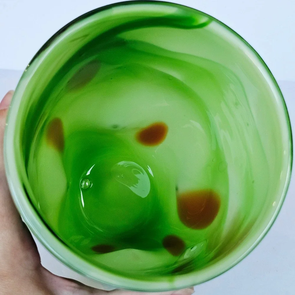 Vintage MCM Hand Blown Art Glass Vase Green Swirl Red Spotted Eclectic Artistic